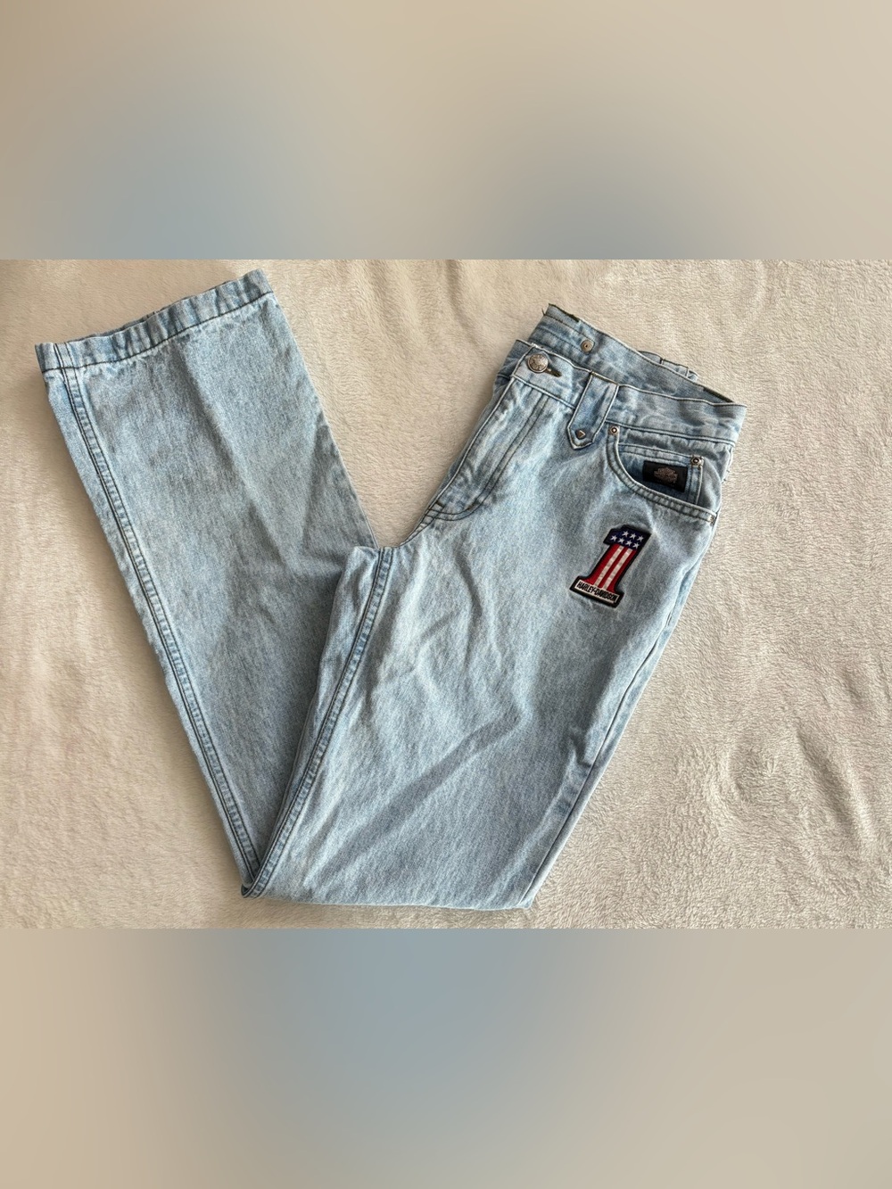 Harley Davidson Light Wash Embroidered #1 Patch Straight Jeans 6 Y2K US Flag j15